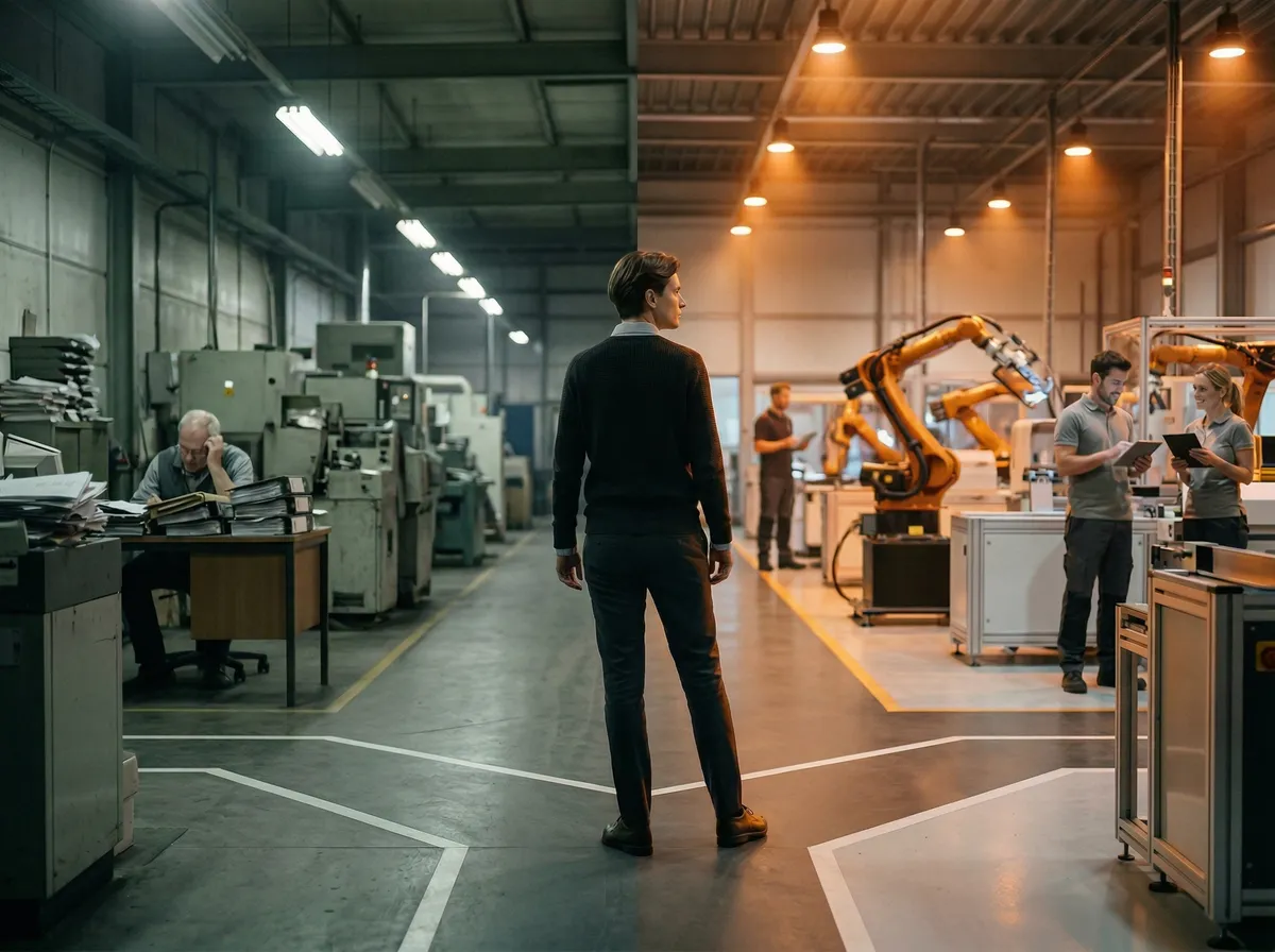 Ondernemer op de werkvloer tussen een traditionele en een geautomatiseerde productielijn