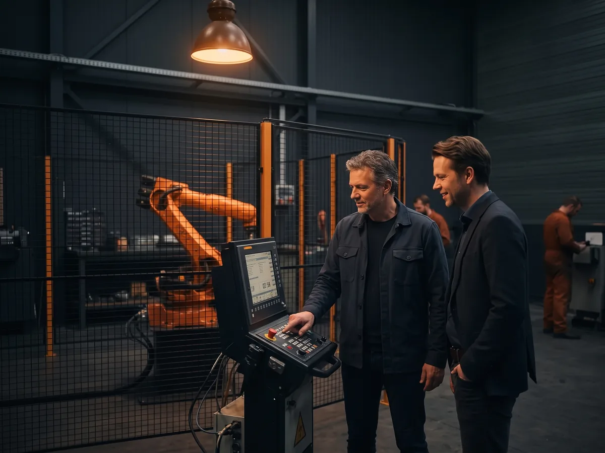 Productieleider start een nieuwe robotcel op terwijl de adviseur meekijkt