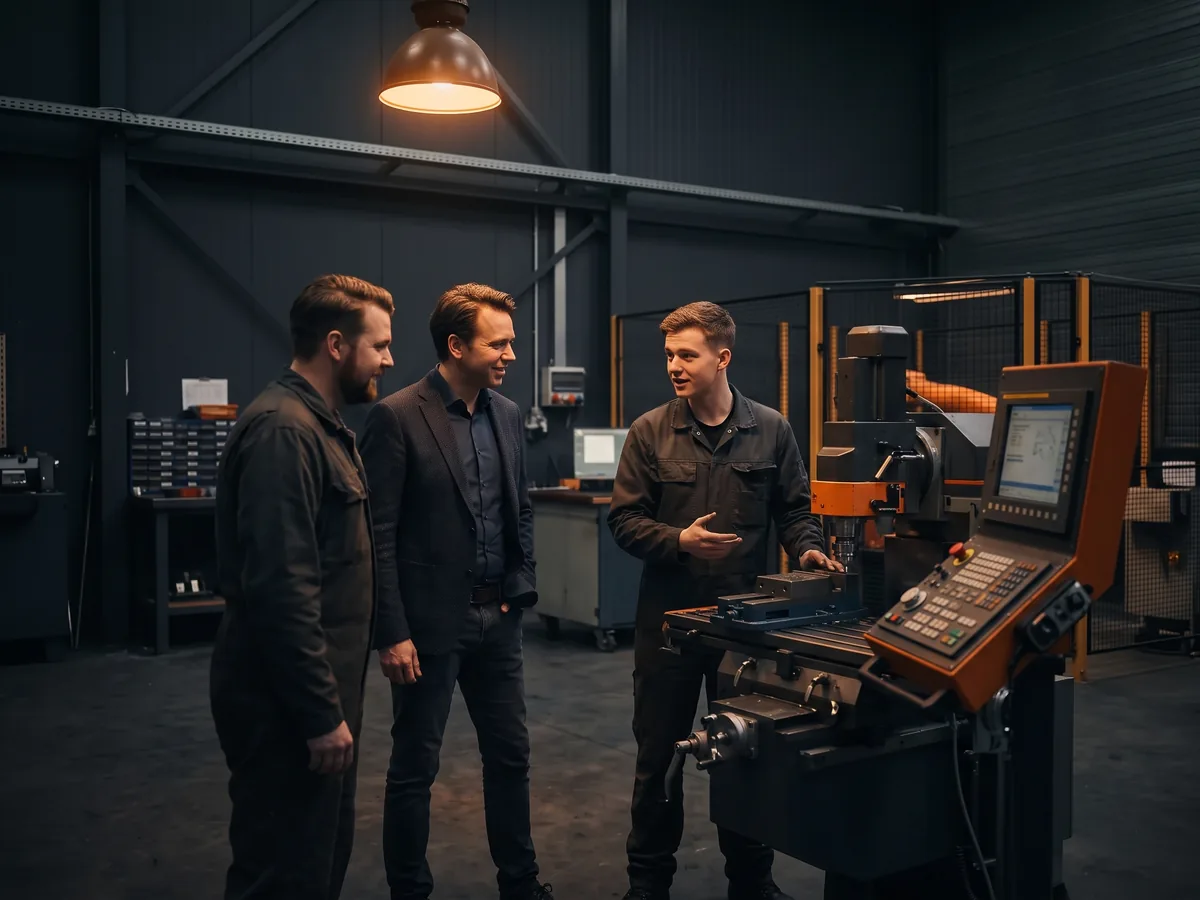 Operator legt collega's en de adviseur de bediening van een nieuwe machine uit