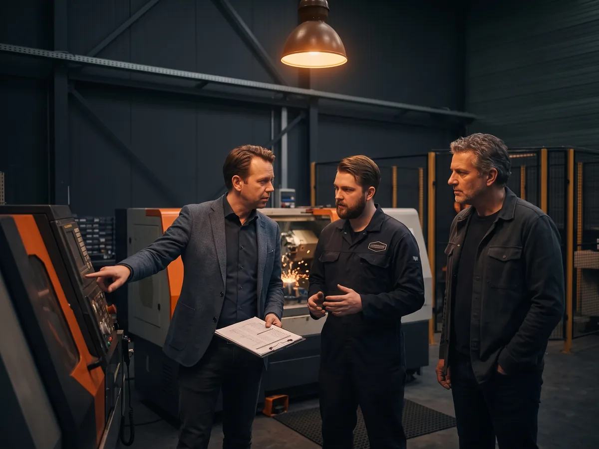 Adviseur toetst met klembord een draaiende machine samen met leverancier en eigenaar