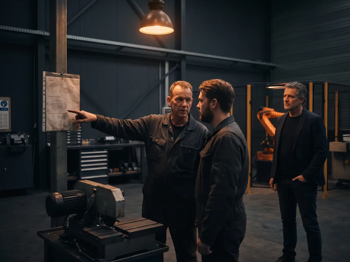 Ervaren operator wijst een jongere collega op de werkinstructie naast de machine