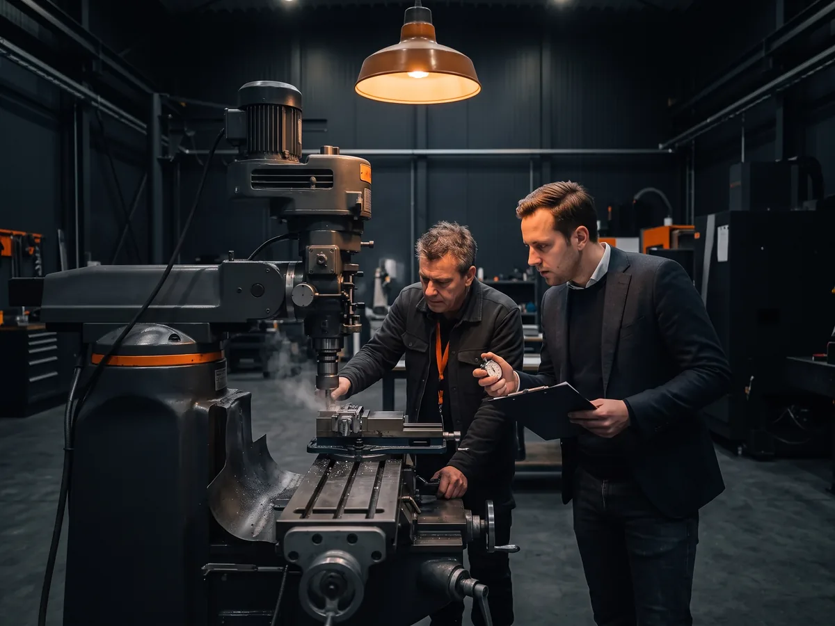 Adviseur met klembord en stopwatch observeert een operator aan een freesmachine