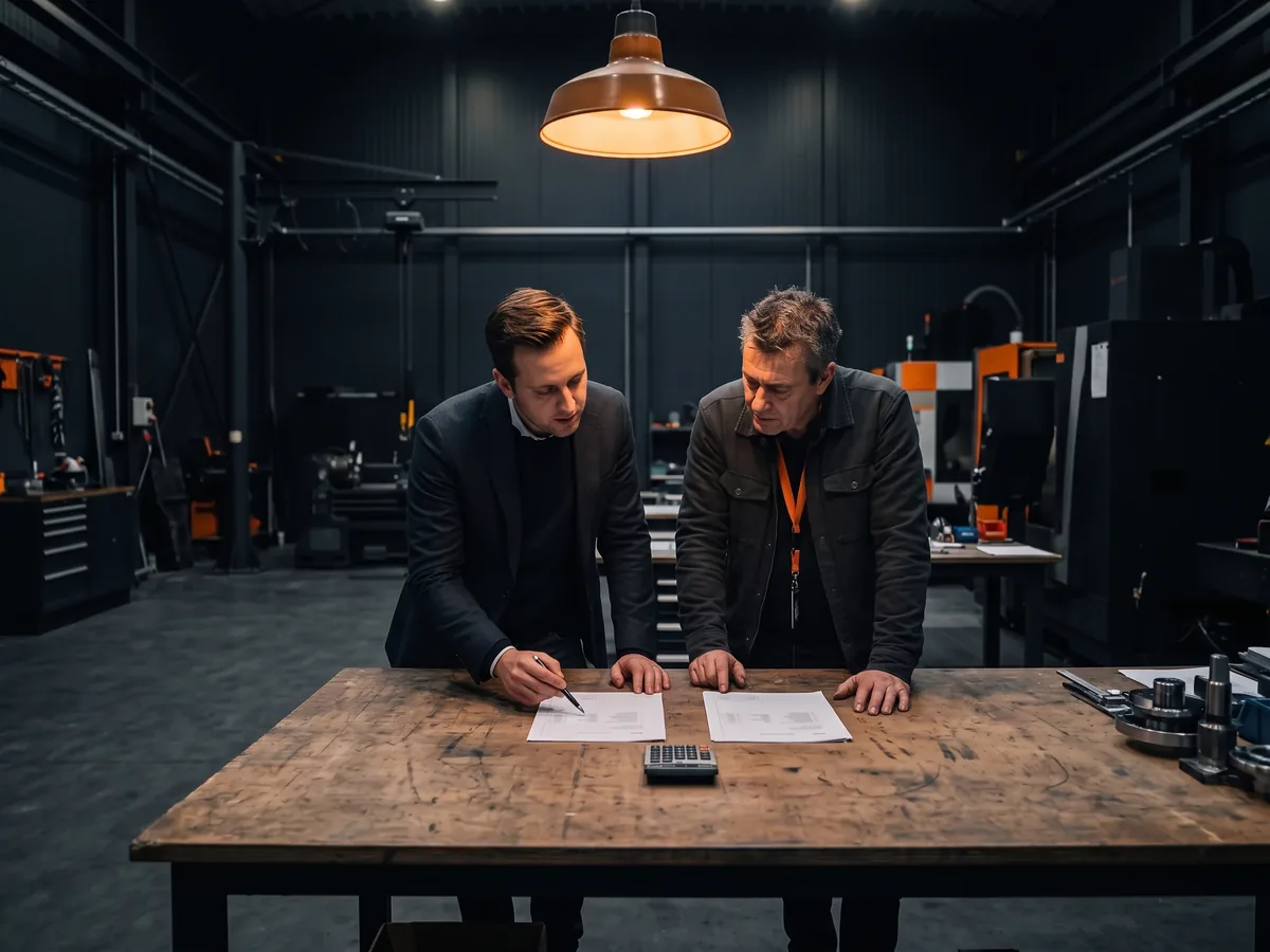 Adviseur en eigenaar vergelijken twee rekenbladen naast elkaar op een werkbank