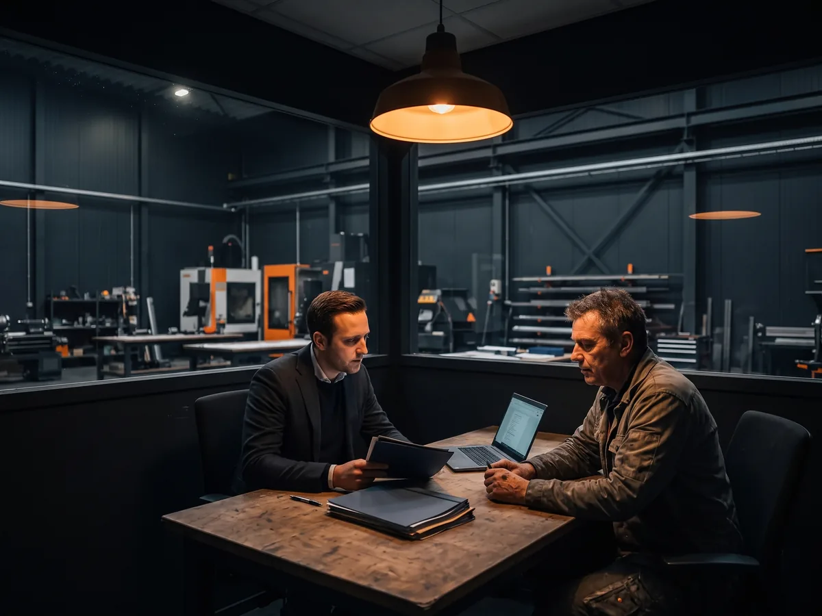 Adviseur en eigenaar nemen mappen en een laptop door aan een bureau in de werkplaats