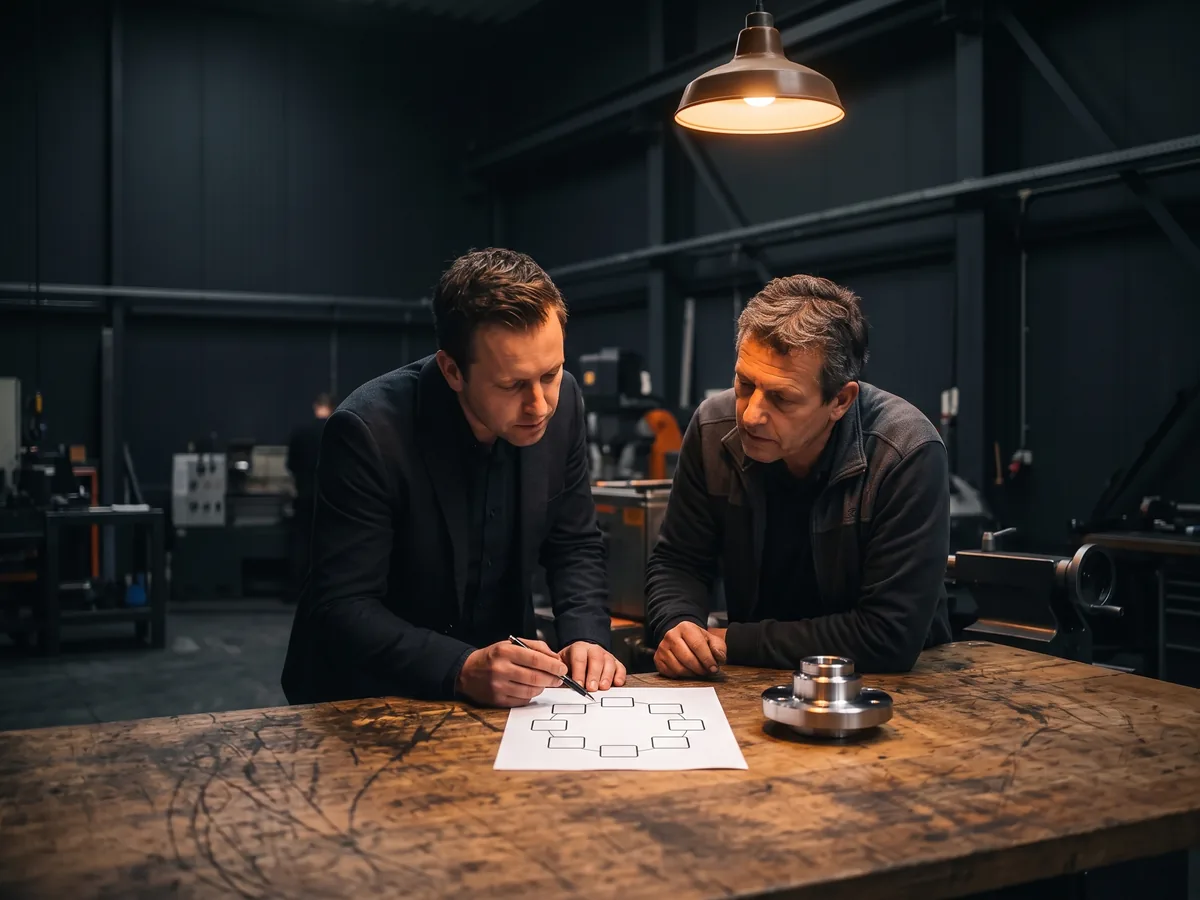 Adviseur en eigenaar bekijken het achtstappenschema van het Proceskompas op een werkbank