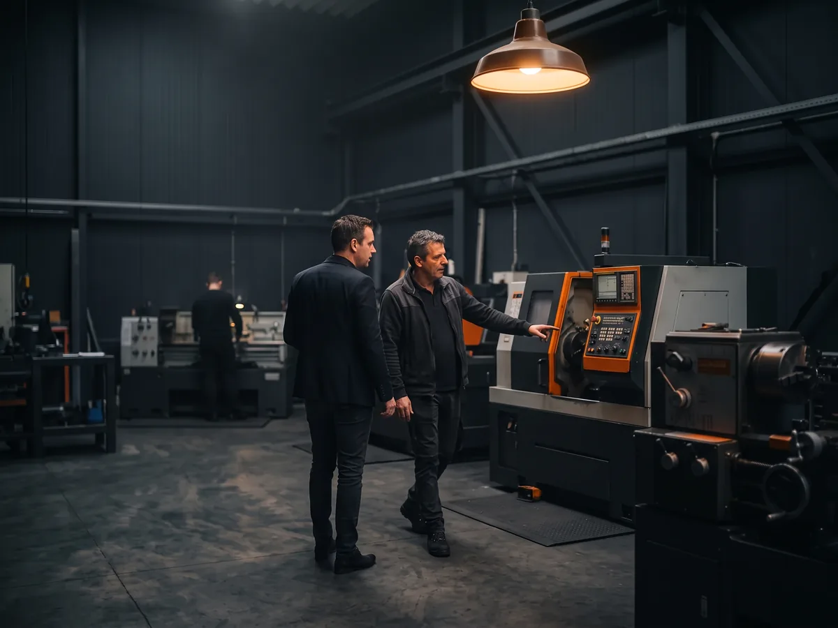 Adviseur en productieleider lopen langs een CNC-machine tijdens de rondgang over de werkvloer