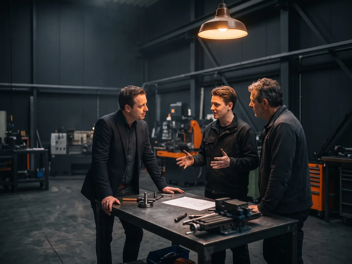 Eigenaar luistert aan de werkbank naar het idee van een jonge operator terwijl de productieleider meedenkt