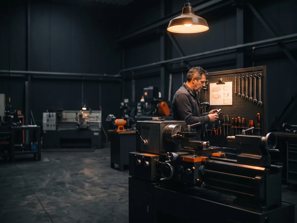 Operator volgt een werkinstructiekaart aan een opgeruimd werkstation met schaduwbord