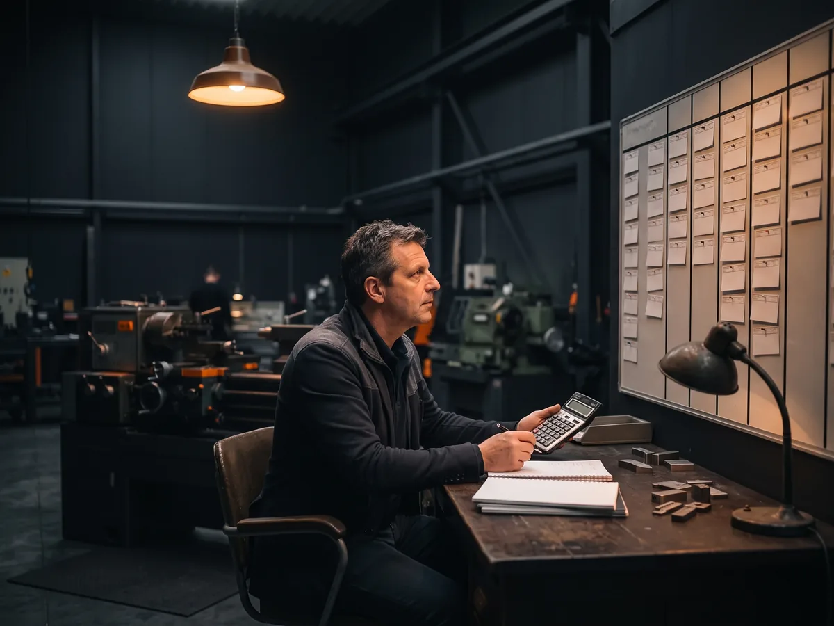 Eigenaar bekijkt met rekenmachine het planbord aan de muur van het werkplaatskantoor