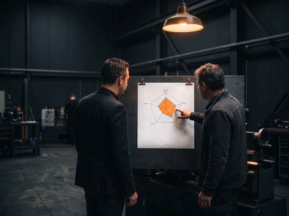 Eigenaar en productieleider bekijken in de werkplaats een opgehangen vel met een vijfhoekig radar-diagram over de vijf assen, het oranje scorevlak als enige kleuraccent