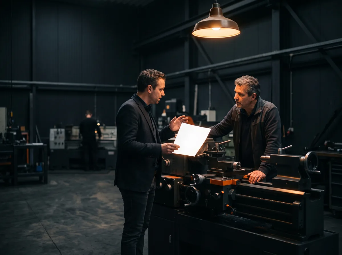 Adviseur en eigenaar bespreken het Beslis-A4 bij een draaibank op de werkvloer