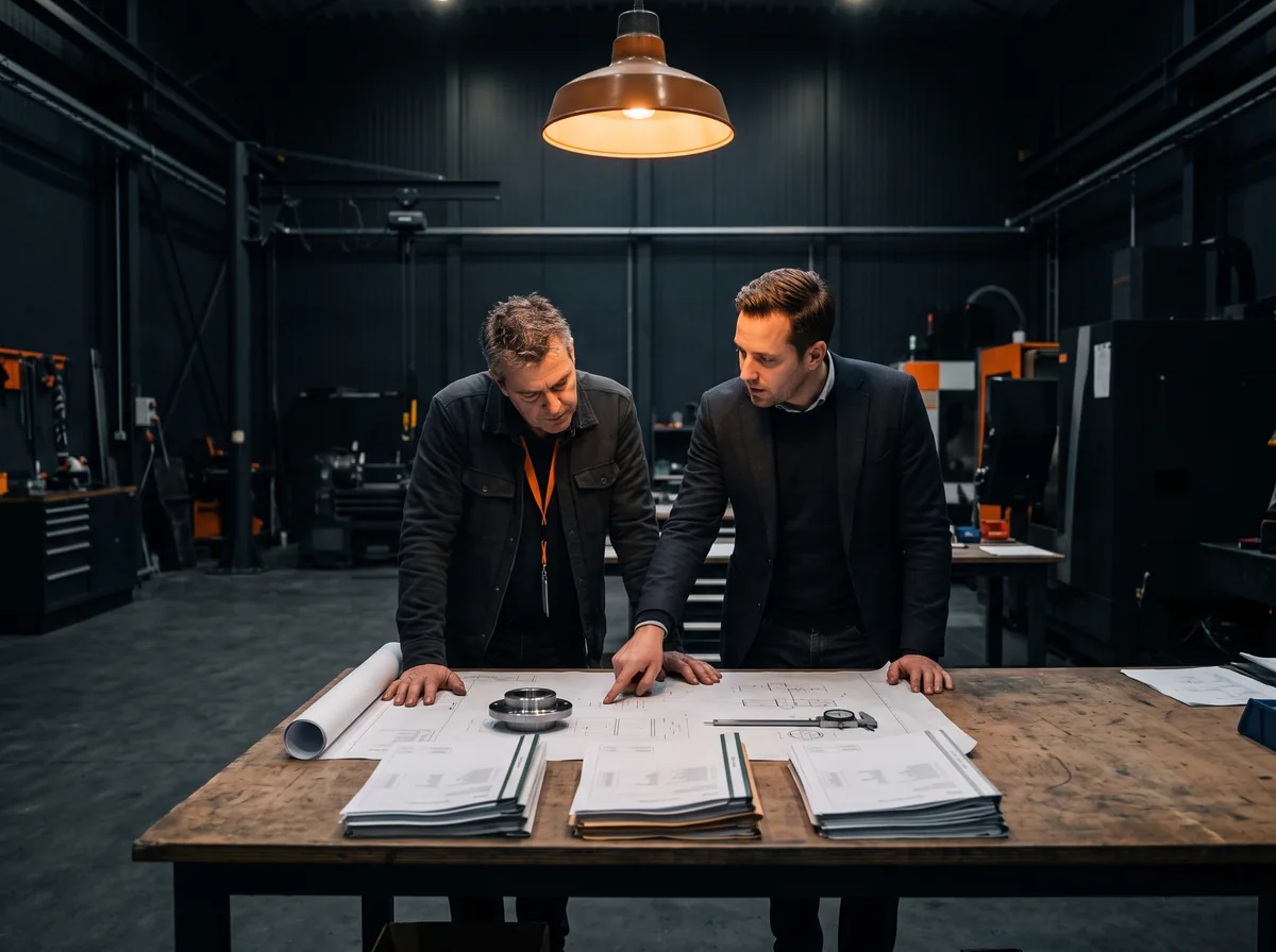 Eigenaar en adviseur vergelijken drie offertes boven een technische tekening