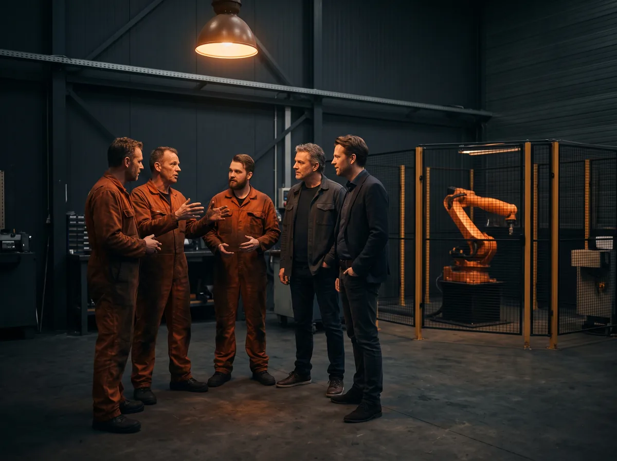 Operators in gesprek met eigenaar en adviseur bij een nieuwe robotcel