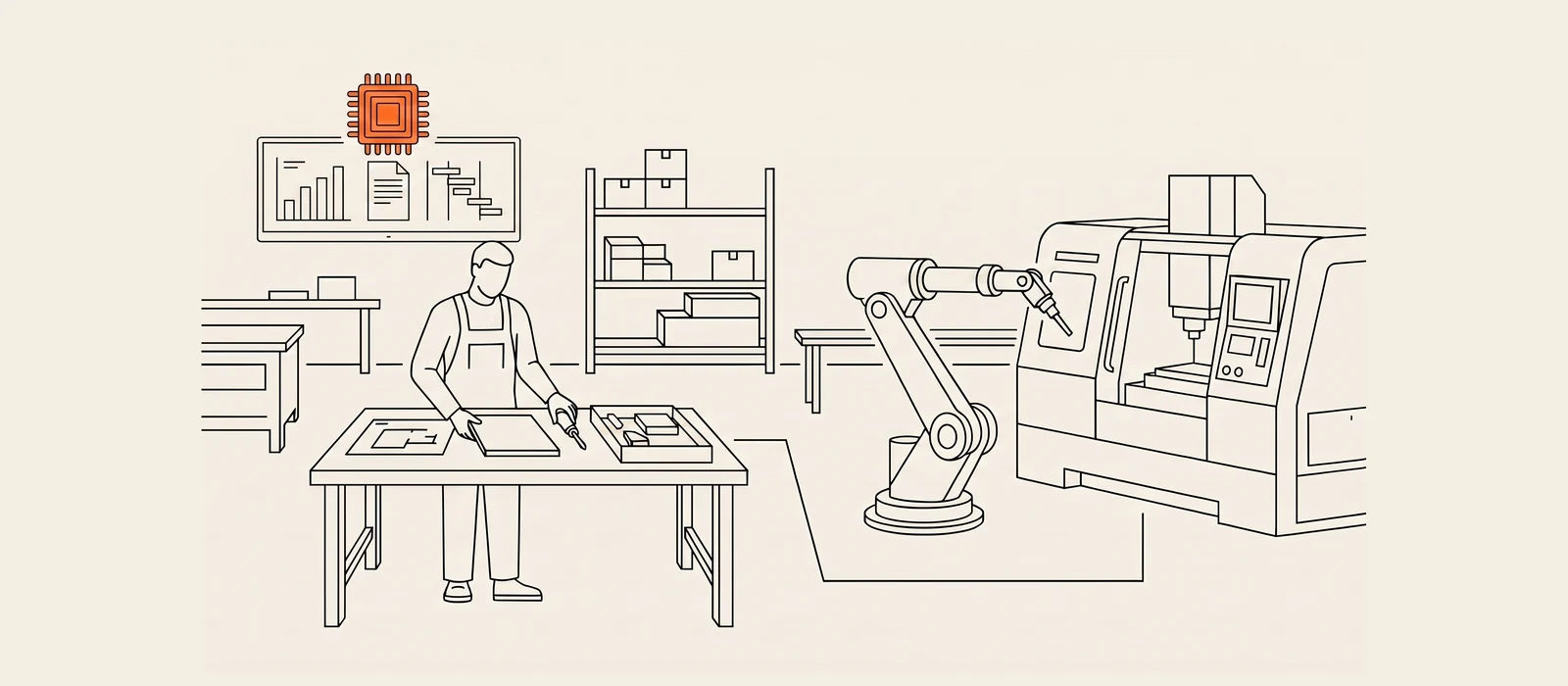 Werkplaats-illustratie: een operator aan de voorbereidingsbank, met linksboven een scherm dat grafiek, document en planning toont en een oranje AI-chip erboven. Rechts een robotarm en CNC-machine. AI ondersteunt het kantoor- en voorbereidingswerk rond de machine, niet de machine zelf
