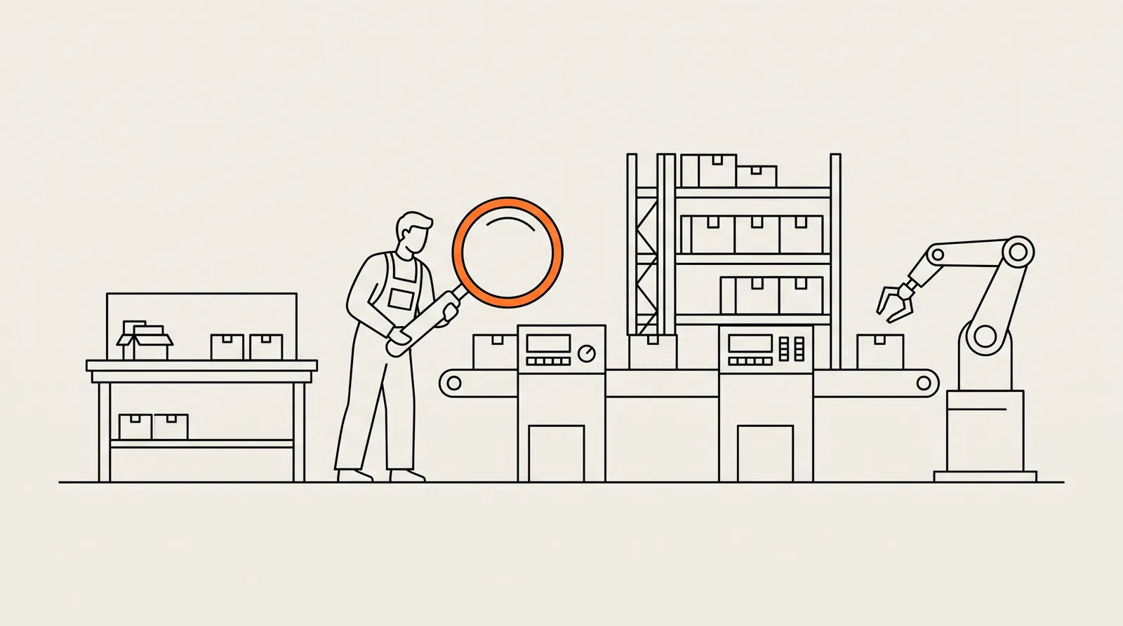 Lijnillustratie: een werker bekijkt de processtappen met een vergrootglas voordat hij automatiseert