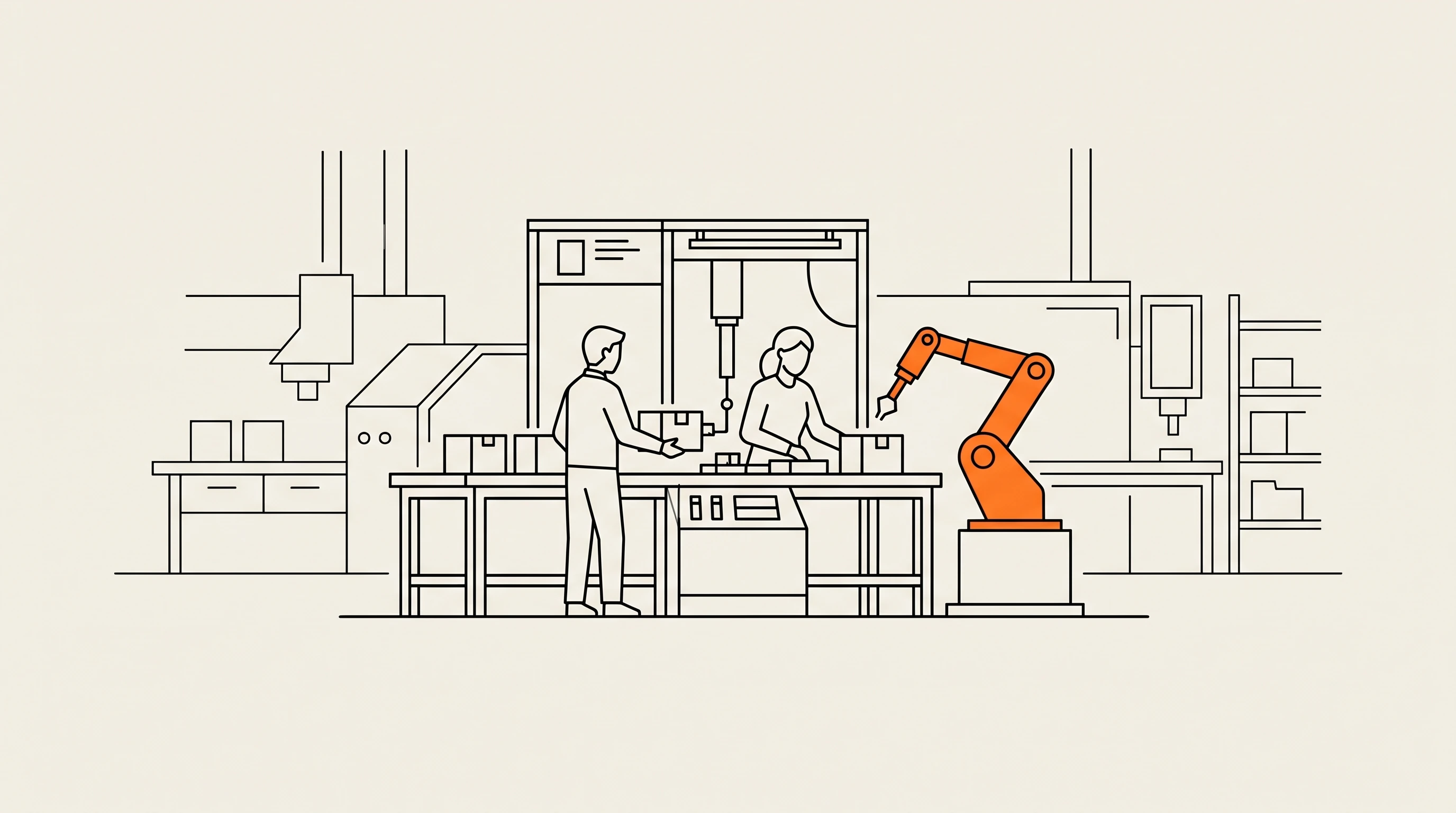 Twee medewerkers en een robotarm werken samen als een team in een productiecel