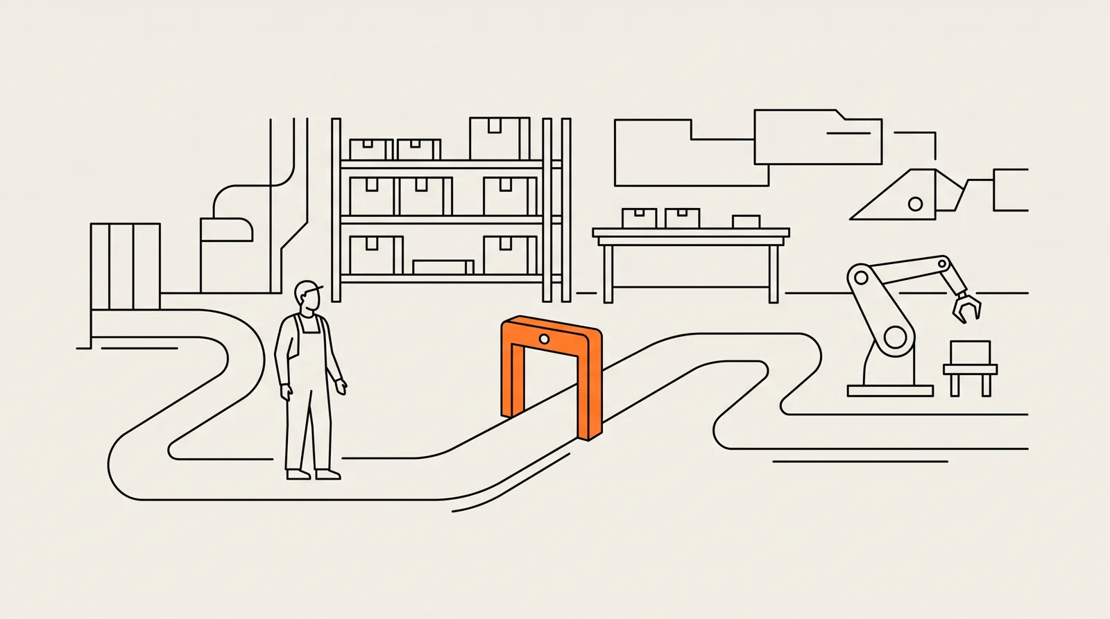 Lijnillustratie: een checkpoint-poort op het pad naar een robotarm